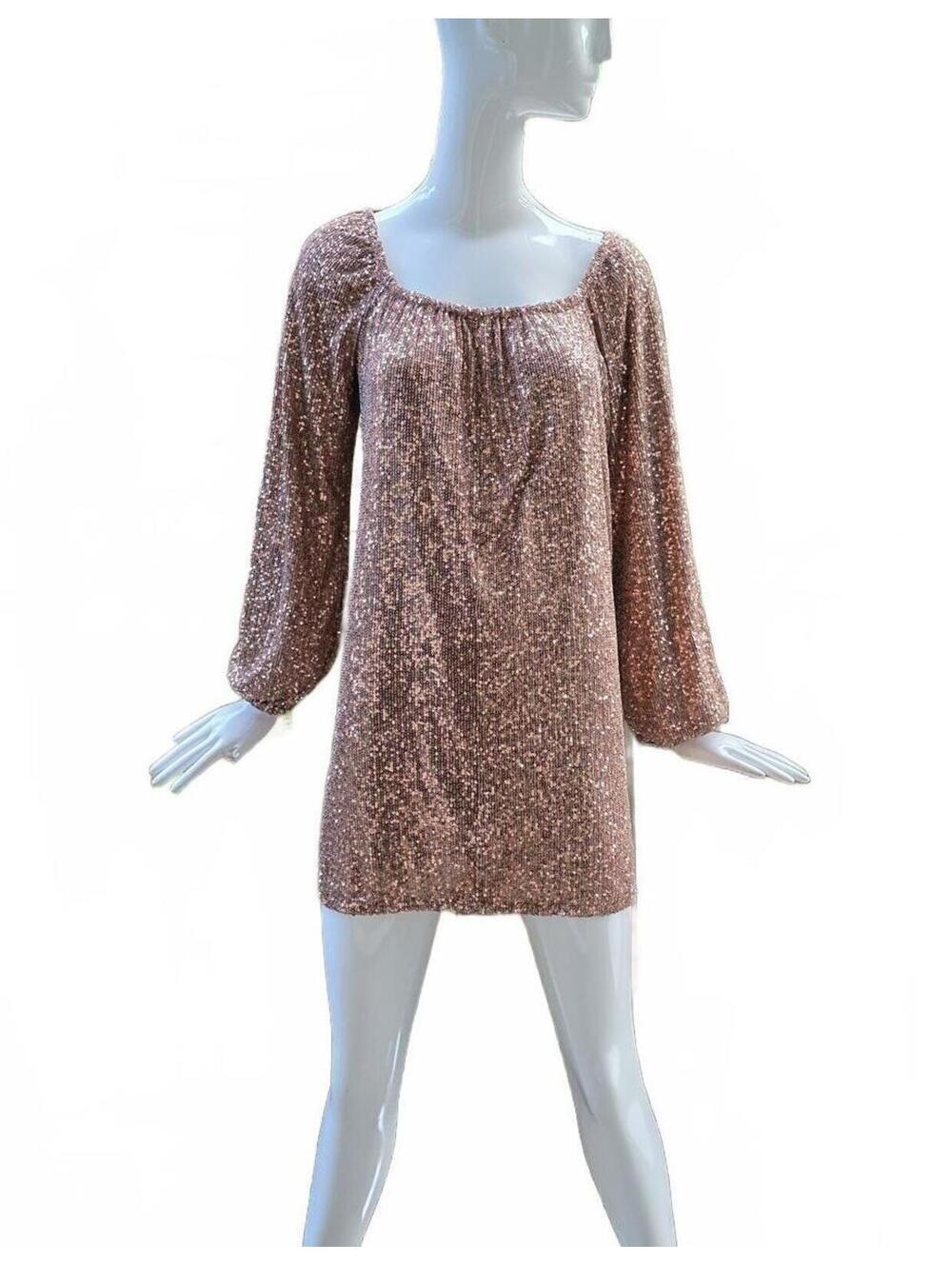 Sadie & Sage Inferno Rose Gold Sequin Mini Dress Size L Long Sleeve Lined.